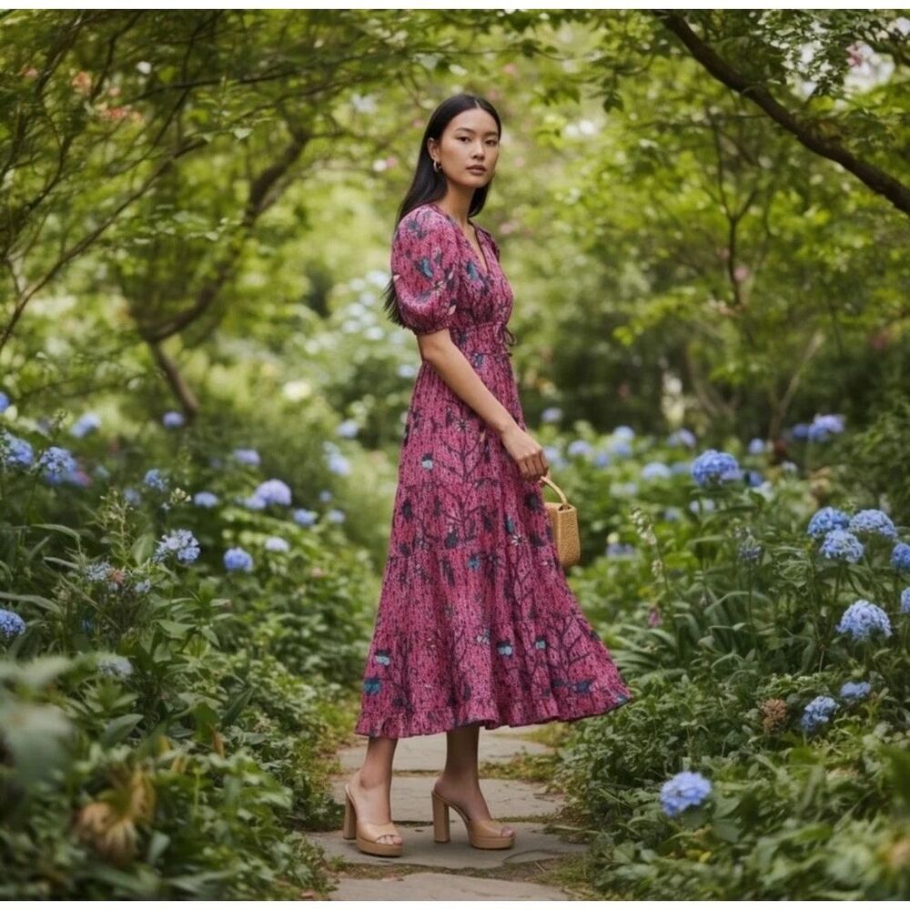 $490 Ulla Johnson Thelma Tiered Puff Sleeve Midi Dress Size 4 Magenta Floral
